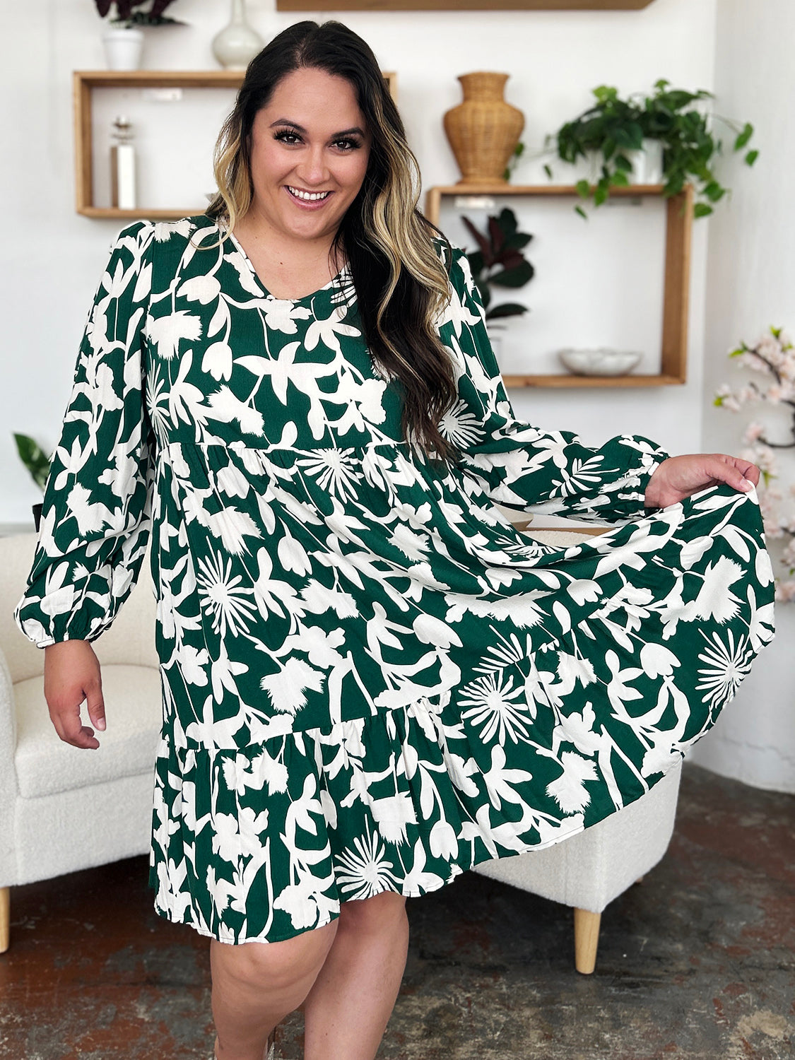 Double Take Full Size Printed Ruffle Hem Long Sleeve Dress