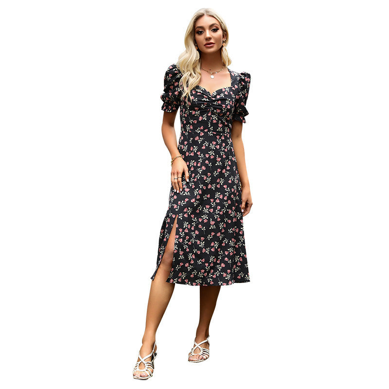 Women's Peach Collar Floral Mid-length Puff Sleeve Split Dress