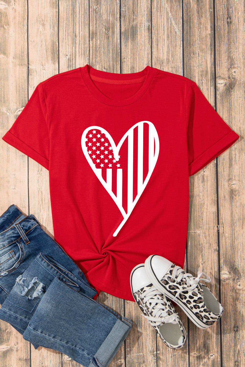 Heart Round Neck Short Sleeve T-Shirt