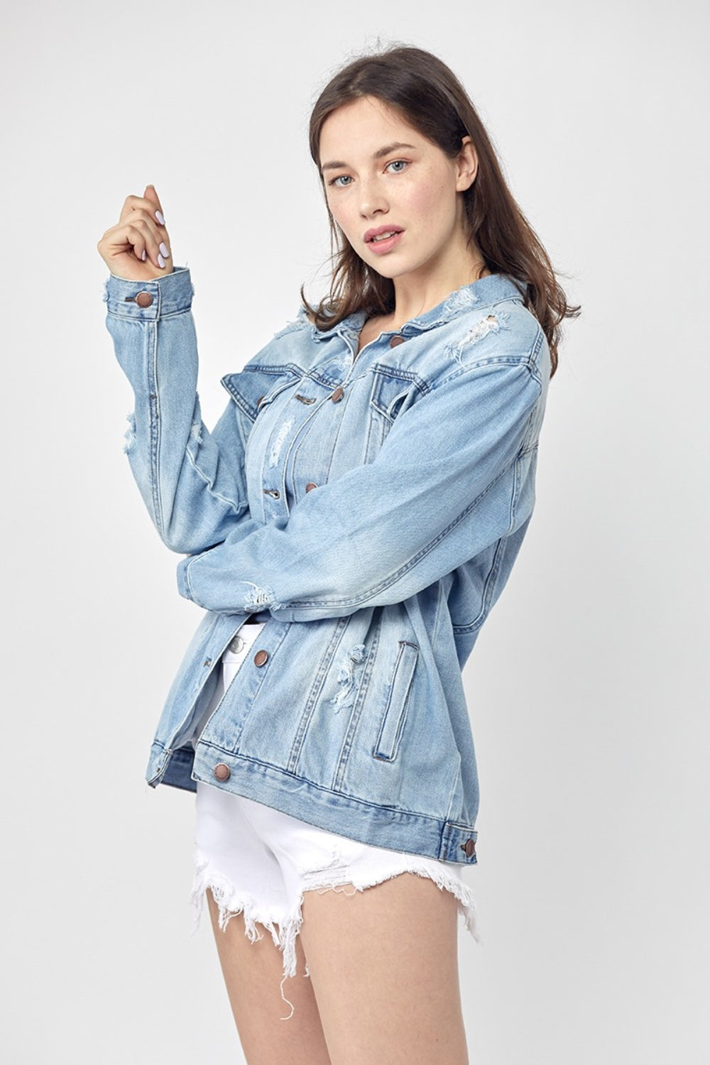 RISEN Full Size Distressed Long Sleeve Denim Jacket