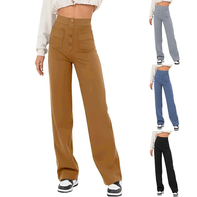 High Waist Trousers With Pockets Casual Loose Wide Leg Button Straight Pants Women's Clothing