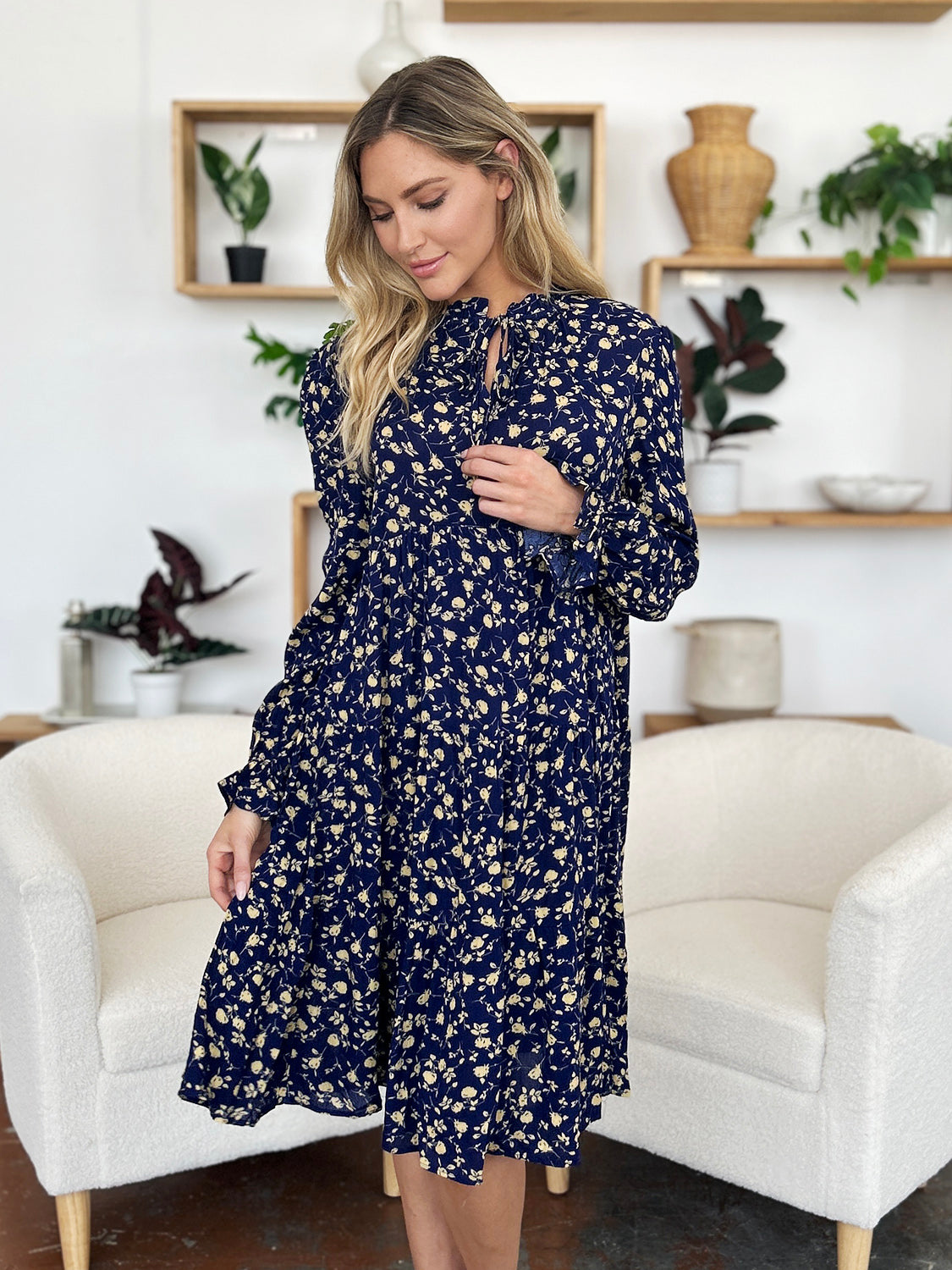 Double Take Full Size Printed Ruffle Hem Long Sleeve Dress