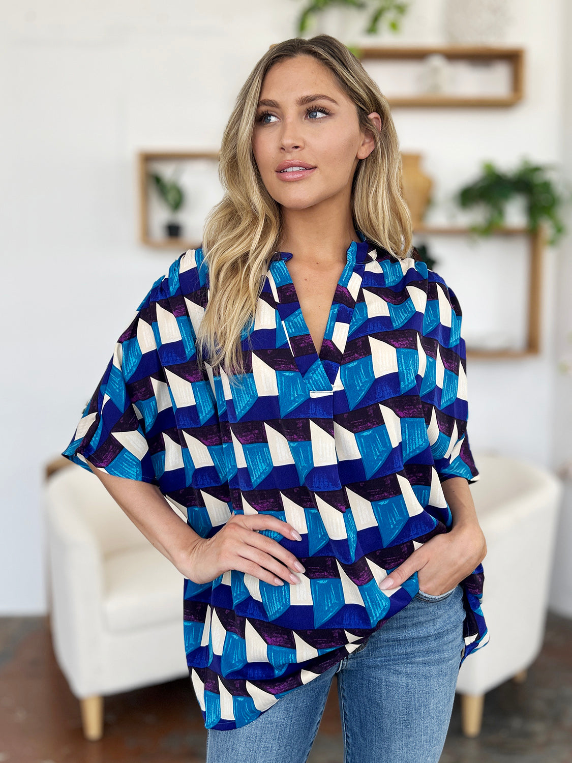 Double Take Full Size Geometric Notched Half Sleeve Blouse