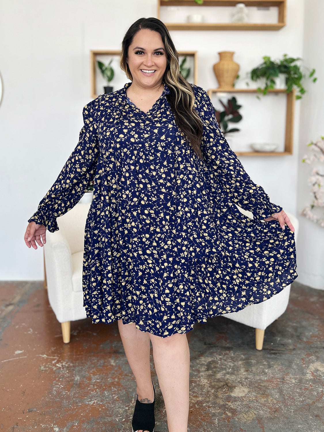 Double Take Full Size Printed Ruffle Hem Long Sleeve Dress