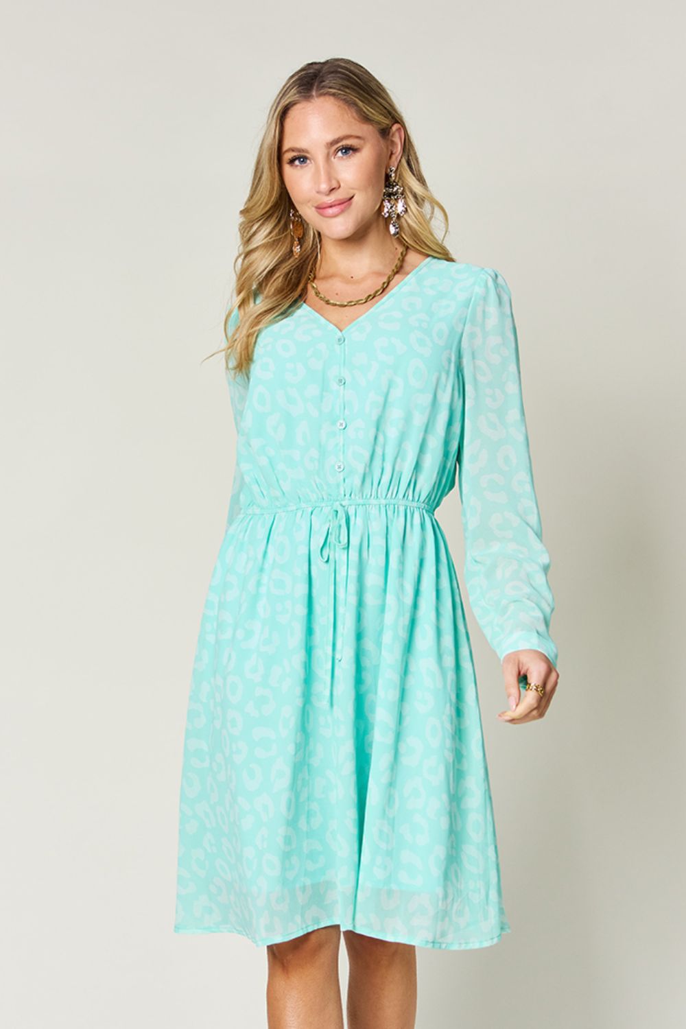 Double Take Full Size Printed Ruched V-Neck Long Sleeve Dress