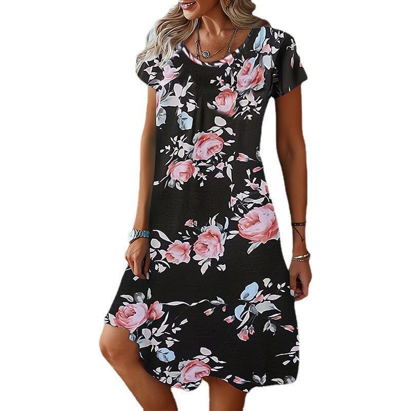 Women's Summer Fashion Casual Round Neck Loose Printed Short Sleeve Dress